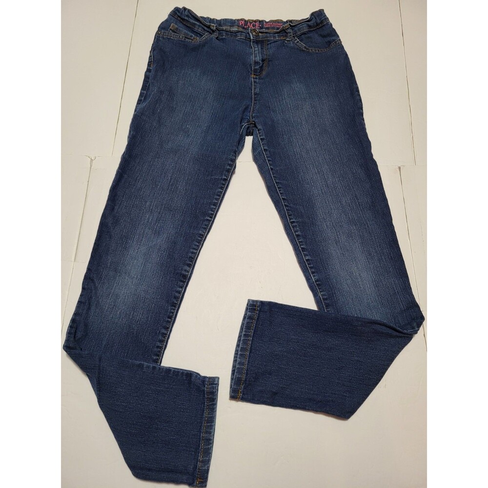 PLACE Tres Etroite Super Skinny Girls Blue Denim Jeans Size 16 Adjustable Waist
